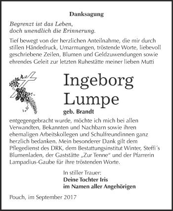 Traueranzeige von Ingeborg Lumpe von WVG - Wochenspiegel Bitterfeld