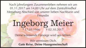 Traueranzeige von Ingeborg Meier von WVG - Wochenspiegel Merseburg