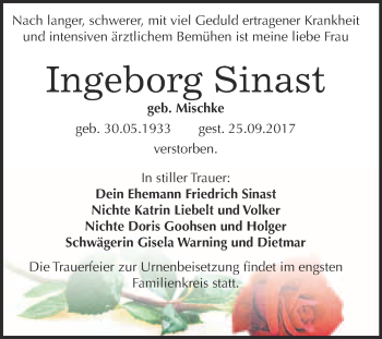 Traueranzeige von Ingeborg Sinast von WVG - Wochenspiegel Merseburg