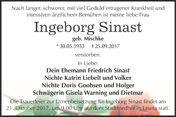 Traueranzeige von Ingeborg Sinast von WVG - Wochenspiegel Merseburg