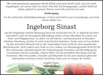Traueranzeige von Ingeborg Sinast von Mitteldeutsche Zeitung Merseburg/Querfurt