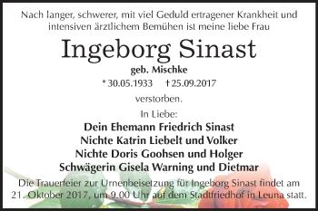 Traueranzeige von Ingeborg Sinast von Mitteldeutsche Zeitung Merseburg/Querfurt