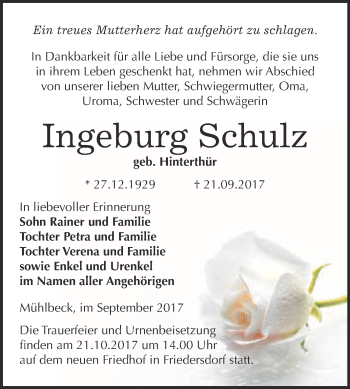Traueranzeige von Ingeburg Schulz von WVG - Wochenspiegel Bitterfeld