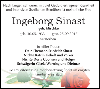 Traueranzeige von Ingeburg Sinast von Mitteldeutsche Zeitung Merseburg/Querfurt