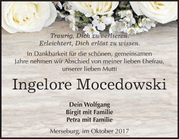 Traueranzeige von Ingelore Mocedowski von Mitteldeutsche Zeitung Merseburg/Querfurt