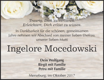 Traueranzeige von Ingelore Mocedowski von WVG - Wochenspiegel Merseburg