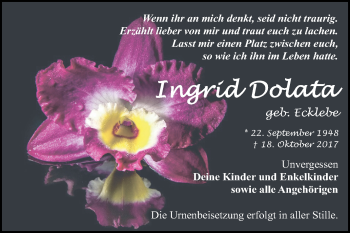 Traueranzeige von Ingrid Dolata von Mitteldeutsche Zeitung Bitterfeld