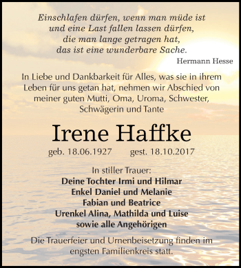 Traueranzeige von Irene Haffke von WVG - Wochenspiegel Dessau / Köthen