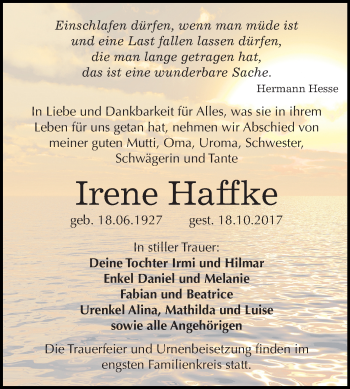 Traueranzeige von Irene Haffke von Mitteldeutsche Zeitung Köthen