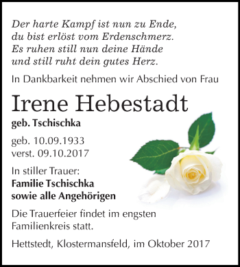 Traueranzeige von Irene Hebestadt von Mitteldeutsche Zeitung