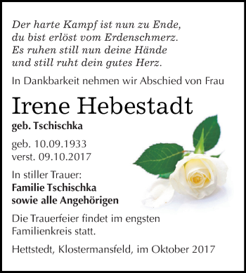 Traueranzeige von Irene Hebestadt von Wochenspiegel Mansfelder Land