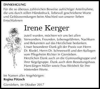 Traueranzeige von Irene Kerger von Mitteldeutsche Zeitung Aschersleben