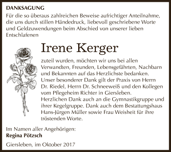 Traueranzeige von Irene Kerger von Super Sonntag Aschersleben