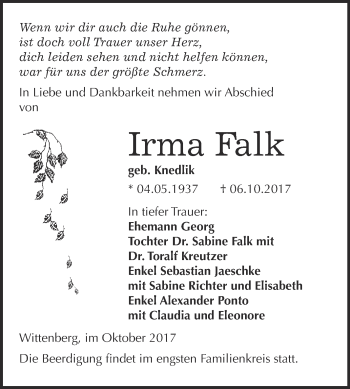 Traueranzeige von Irma Falk von WVG - Wochenspiegel Wittenberg