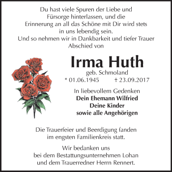 Traueranzeige von Irma Huth von Mitteldeutsche Zeitung Bitterfeld