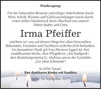 Traueranzeige von Irma Pfeiffer von WVG - Wochenspiegel Merseburg