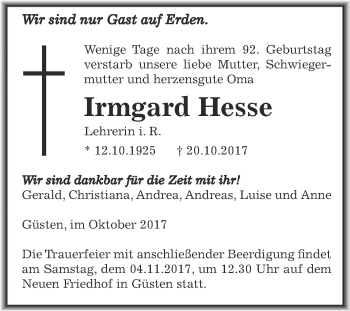 Traueranzeige von Irmgard Hesse von Super Sonntag Bernburg