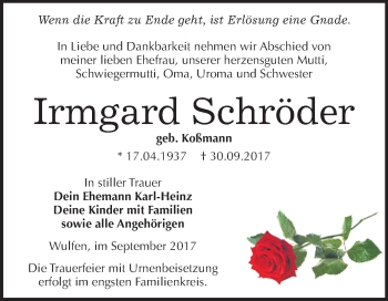 Traueranzeige von Irmgard Schröder von Mitteldeutsche Zeitung