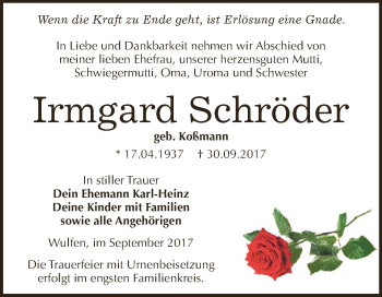 Traueranzeige von Irmgard Schröder von WVG - Wochenspiegel Dessau / Köthen
