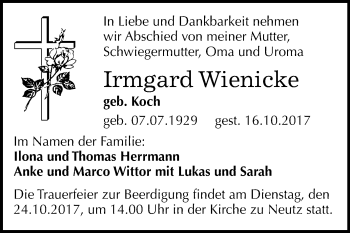 Traueranzeige von Irmgard Wienicke von Mitteldeutsche Zeitung Halle/Saalkreis