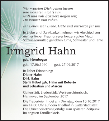 Traueranzeige von Irmgrid Hahn von Mitteldeutsche Zeitung