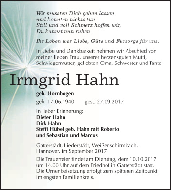 Traueranzeige von Irmgrid Hahn von WVG - Wochenspiegel Merseburg