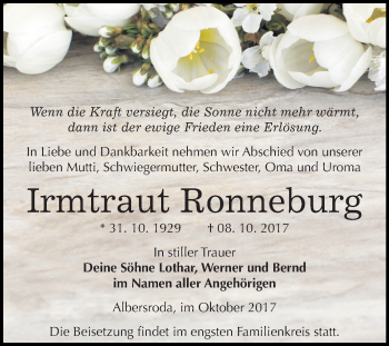 Traueranzeige von Irmtraut Ronneburg von Mitteldeutsche Zeitung Merseburg/Querfurt