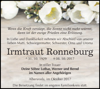 Traueranzeige von Irmtraut Ronneburg von WVG - Wochenspiegel Merseburg