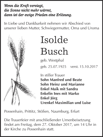Traueranzeige von Isolde Busch von WVG - Wochenspiegel NMB / WSF / ZTZ