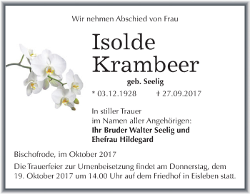 Traueranzeige von Isolde Krambeer von Wochenspiegel Mansfelder Land