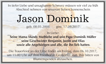 Traueranzeige von Jason Dominik von Wochenspiegel Mansfelder Land