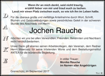 Traueranzeige von Jochen Rauche von WVG - Wochenspiegel NMB / WSF / ZTZ