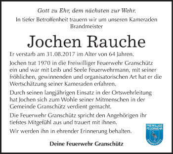 Traueranzeige von Jochen Rauche von Mitteldeutsche Zeitung Weißenfels