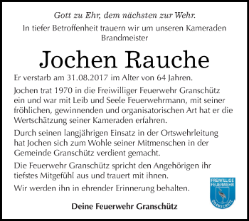 Traueranzeige von Jochen Rauche von WVG - Wochenspiegel NMB / WSF / ZTZ