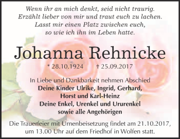 Traueranzeige von Johanna Rehnicke von WVG - Wochenspiegel Bitterfeld