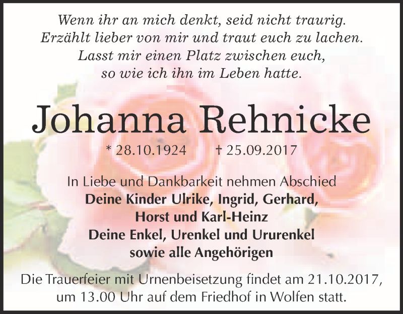  Traueranzeige für Johanna Rehnicke vom 04.10.2017 aus WVG - Wochenspiegel Bitterfeld