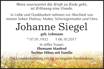 Traueranzeige von Johanne Siegel von Mitteldeutsche Zeitung Halle/Saalkreis