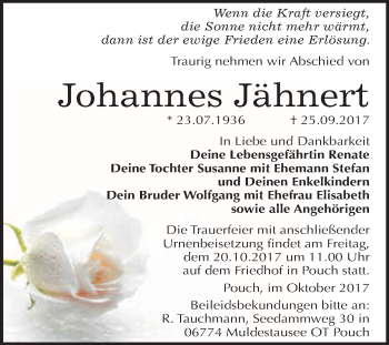 Traueranzeige von Johannes Jähnert von WVG - Wochenspiegel Bitterfeld