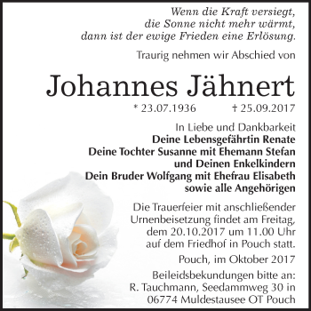 Traueranzeige von Johannes Jähnert von Mitteldeutsche Zeitung Bitterfeld