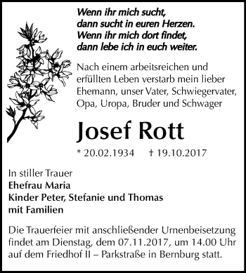 Traueranzeige von Josef Rott von Mitteldeutsche Zeitung Bernburg