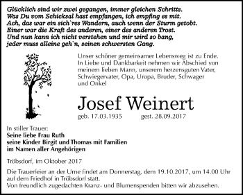 Traueranzeige von Josef Weinert von Mitteldeutsche Zeitung