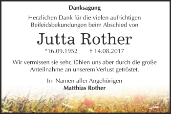 Traueranzeige von Jutta Rother von WVG - Wochenspiegel NMB / WSF / ZTZ