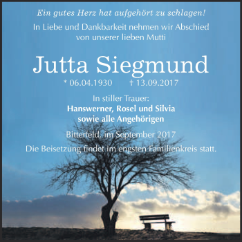 Traueranzeige von Jutta Siegmund von WVG - Wochenspiegel Bitterfeld
