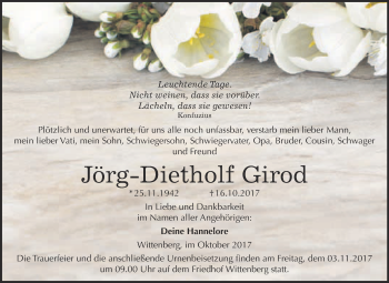 Traueranzeige von Jörg-Dietholf Girod von WVG - Wochenspiegel Wittenberg