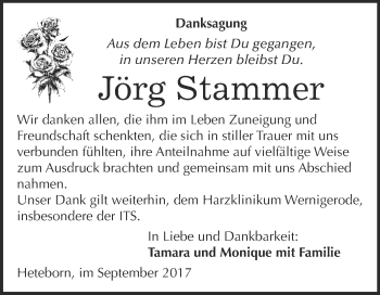 Traueranzeige von Jörg Stammer von WVG - Wochenspiegel Quedlinburg