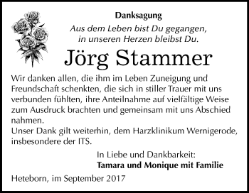 Traueranzeige von Jörg Stammer von Mitteldeutsche Zeitung Quedlinburg
