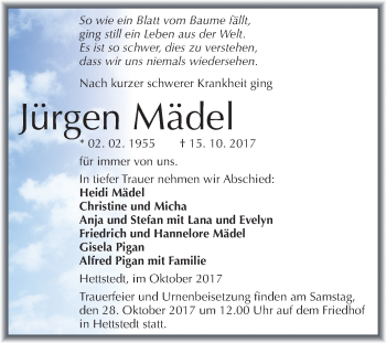 Traueranzeige von Jürgen Mädel von Mitteldeutsche Zeitung