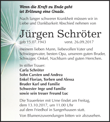 Traueranzeige von Jürgen Schröter von Super Sonntag SGH Mansf. Land