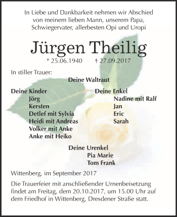 Traueranzeige von Jürgen Theilig von WVG - Wochenspiegel Wittenberg