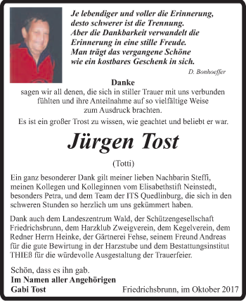 Traueranzeige von Jürgen Tost von Super Sonntag Quedlinburg